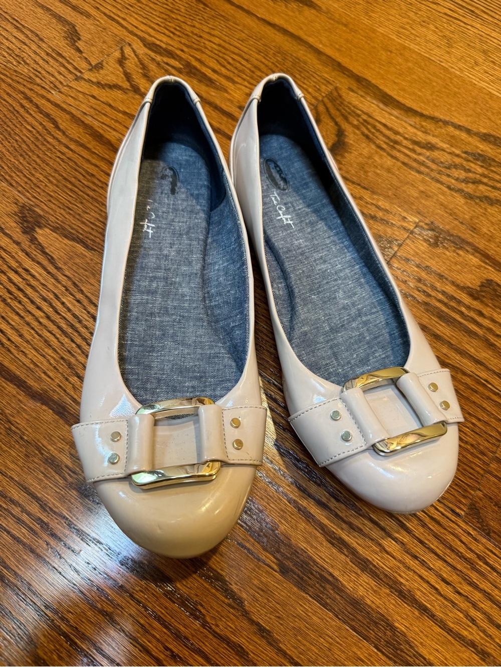 Dr. Scholl’s Neutral Patent Leather Ballet Flats with Gold Buckle